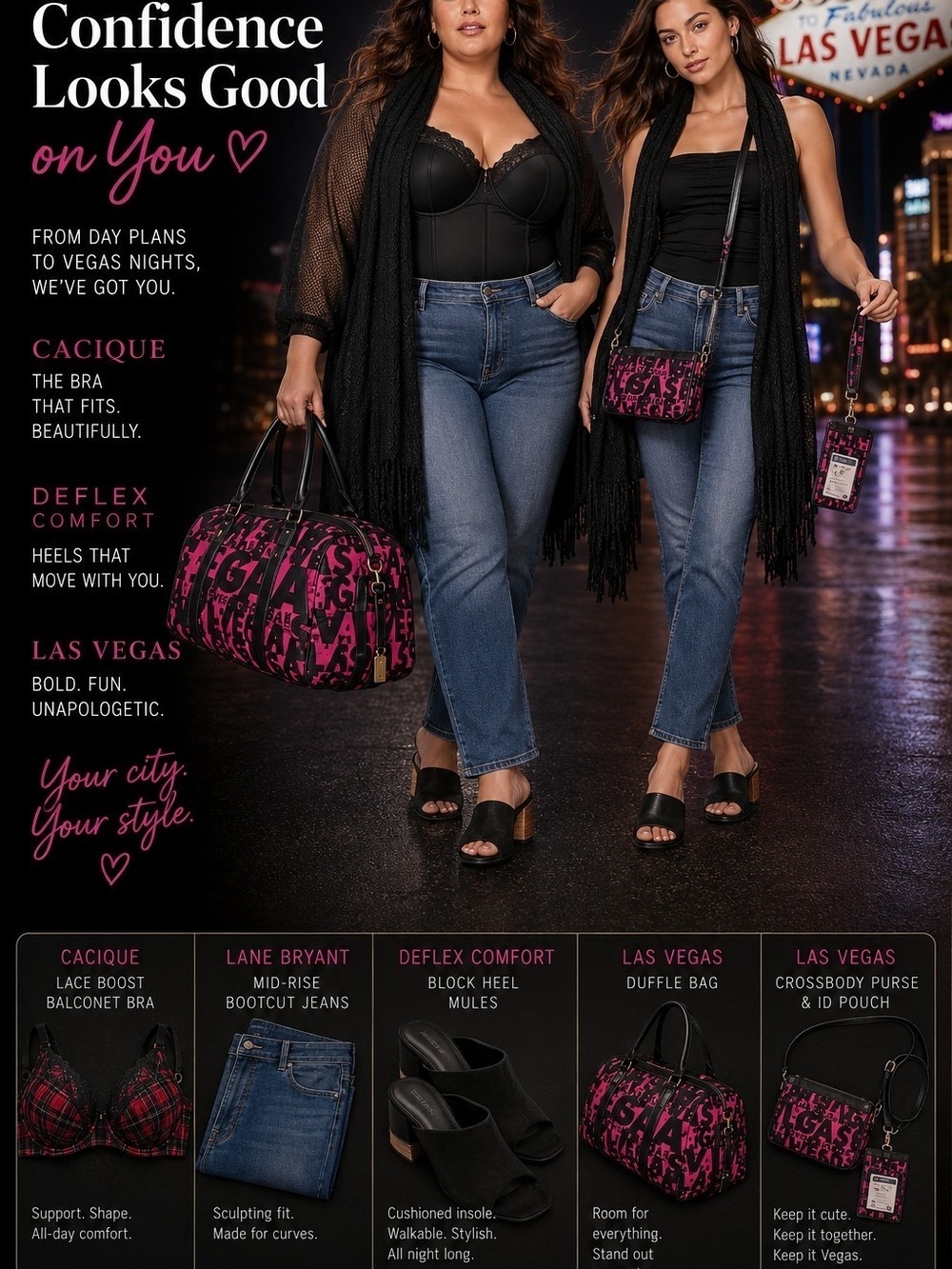Sale:Shop The look: Vegas Bags, Lane Bryant Tops,Bras,Jeans. Scarves, Mule heels